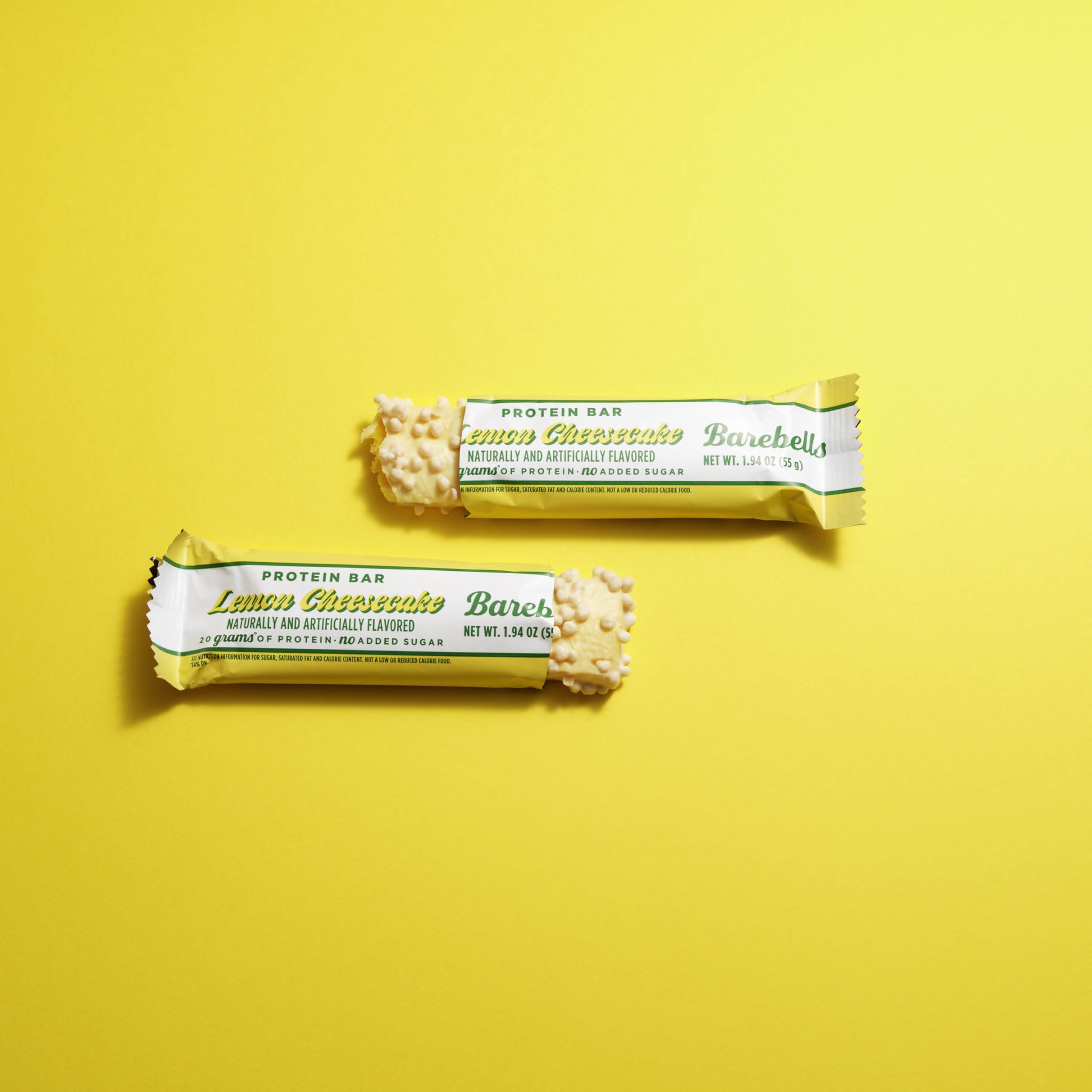 Barebells Lemon Cheesecake bar nutrition panel emphasizing 20g protein per bar.