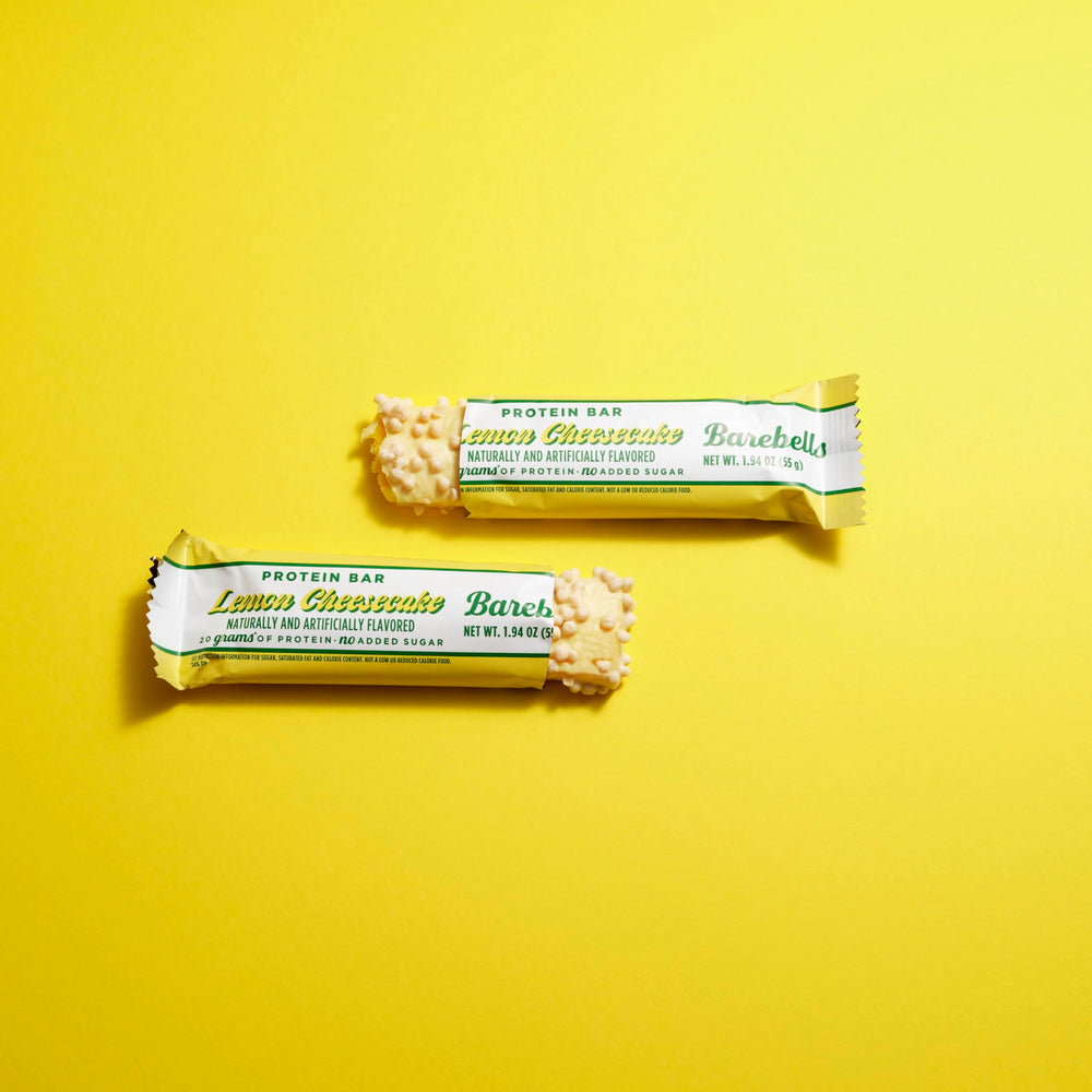 Barebells Lemon Cheesecake bar nutrition panel emphasizing 20g protein per bar.