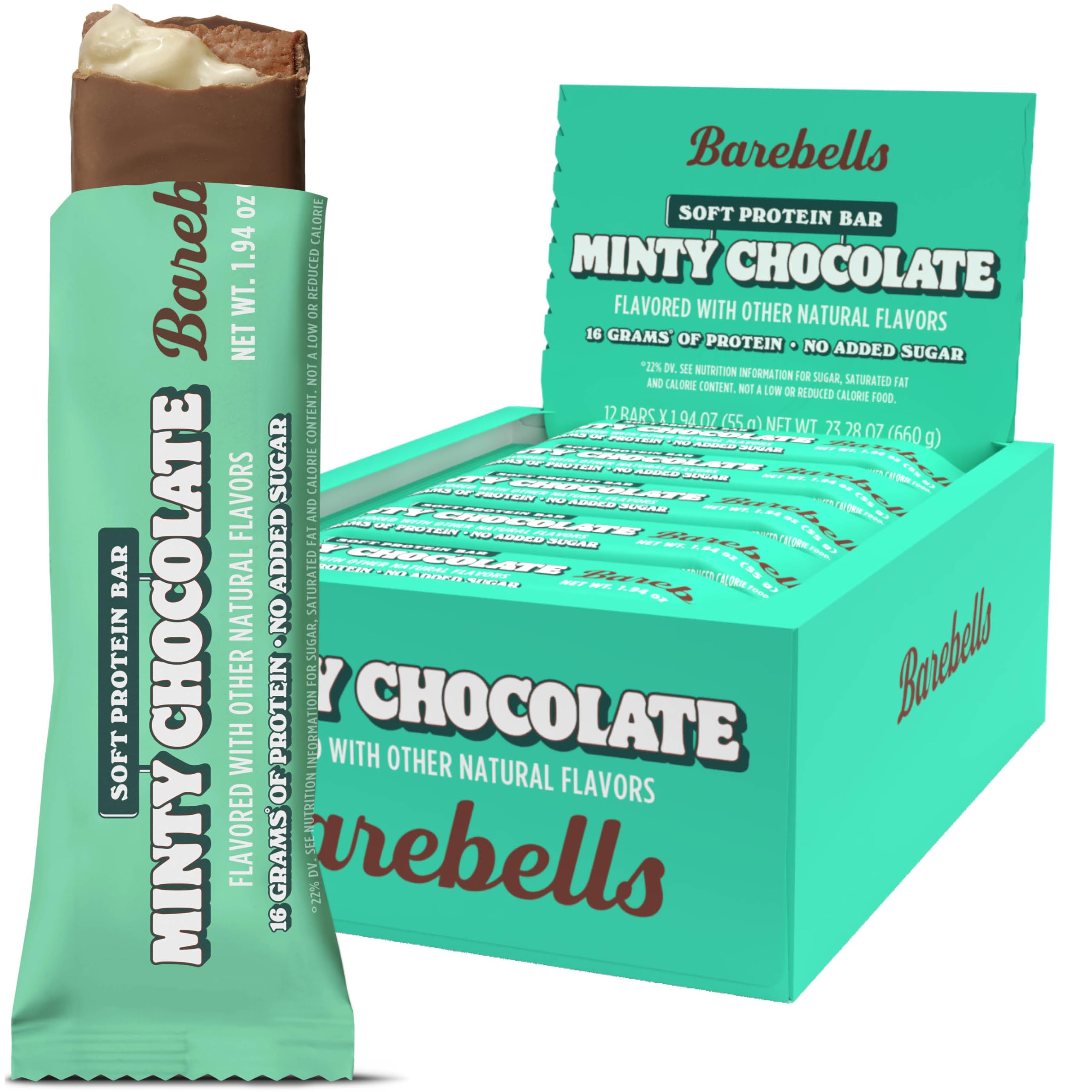 Barebells Minty Chocolate Soft Bar pack of 12 for convenient protein snacking.