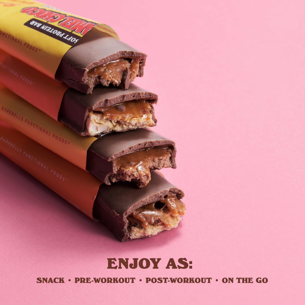 Barebells Caramel Choco nutrition panel highlights 16g protein per bar.