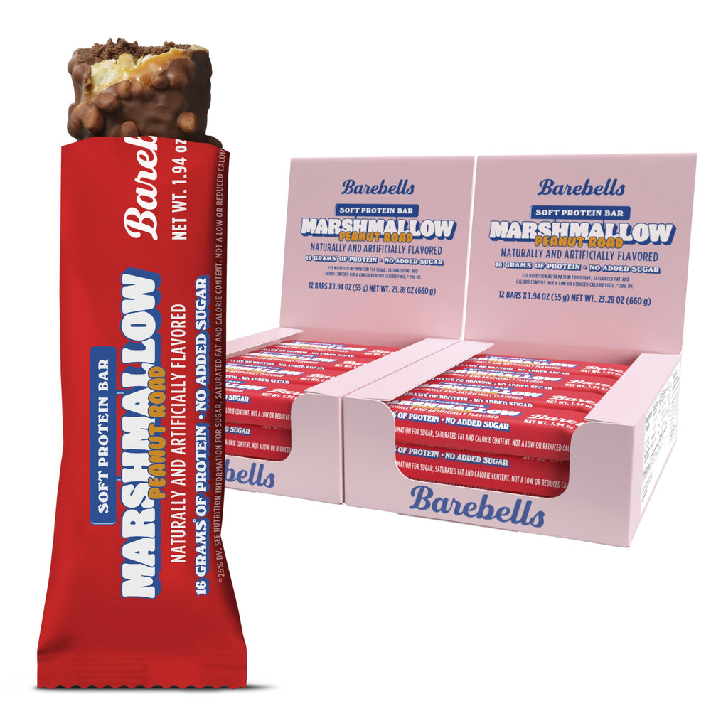 Barebells Soft Protein Bar Marshmallow Peanut Road center texture, a high-protein snack.