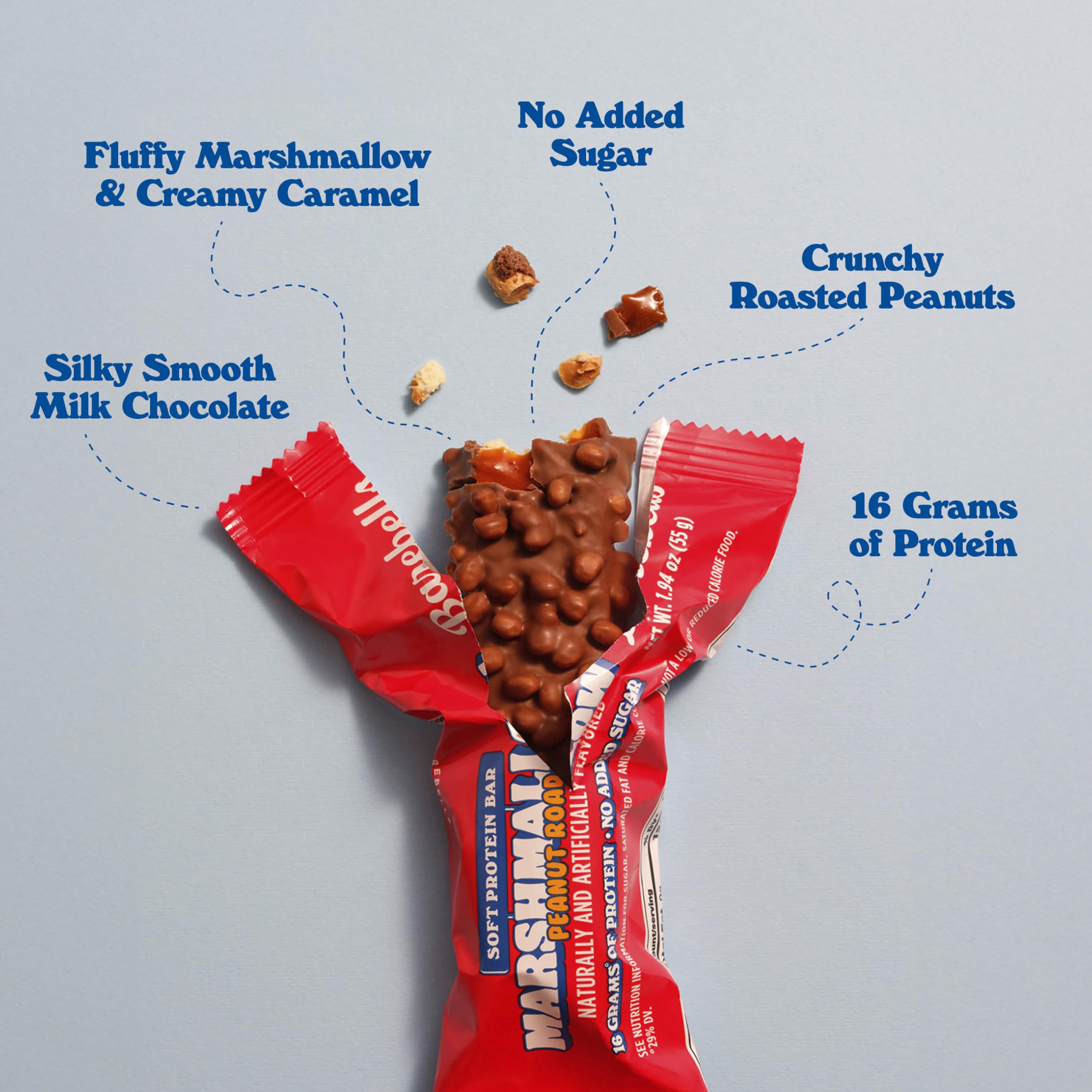 Crispy bits atop Barebells Marshmallow Road bar add texture and crunch.