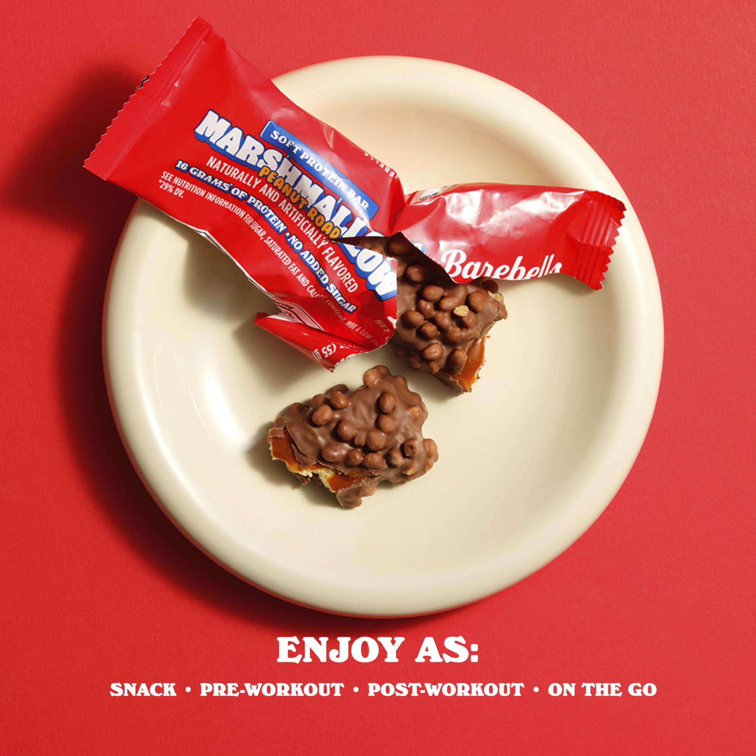 Packaged Barebells Marshmallow Peanut Road bar, ideal for on-the-go breakfasts or snacks.