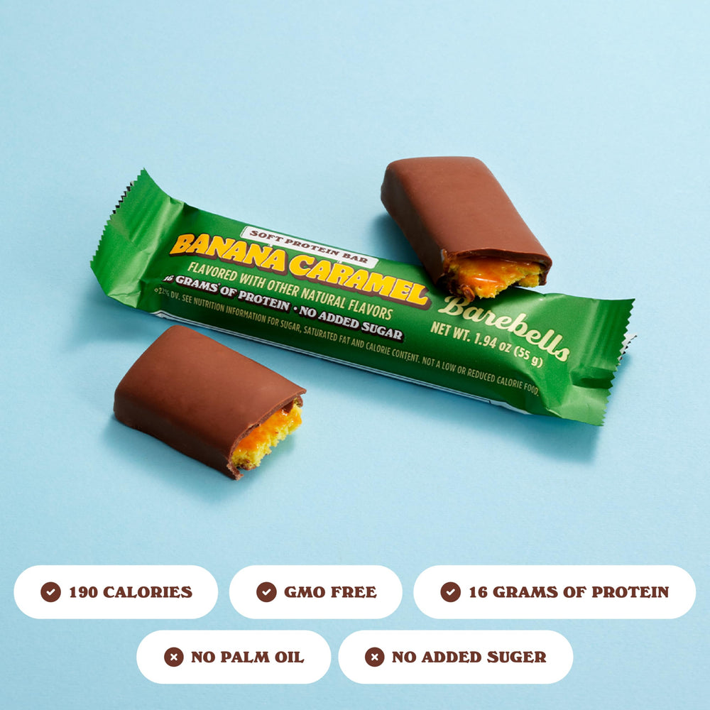 Milk chocolate coating on Barebells banana caramel soft protein bar
