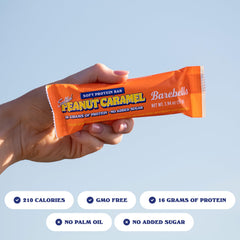 Silky chocolate shell complements the soft centre of Barebells Salted Peanut Caramel bar for smooth chewing.
