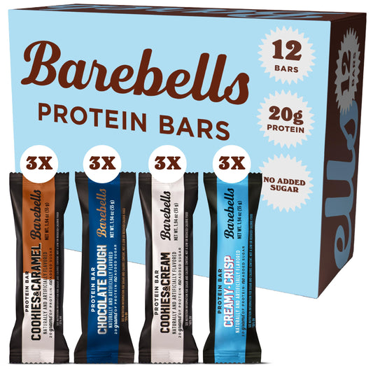 Barebells variety pack 12 bars pack-shot highlights high-protein, no added sugar.