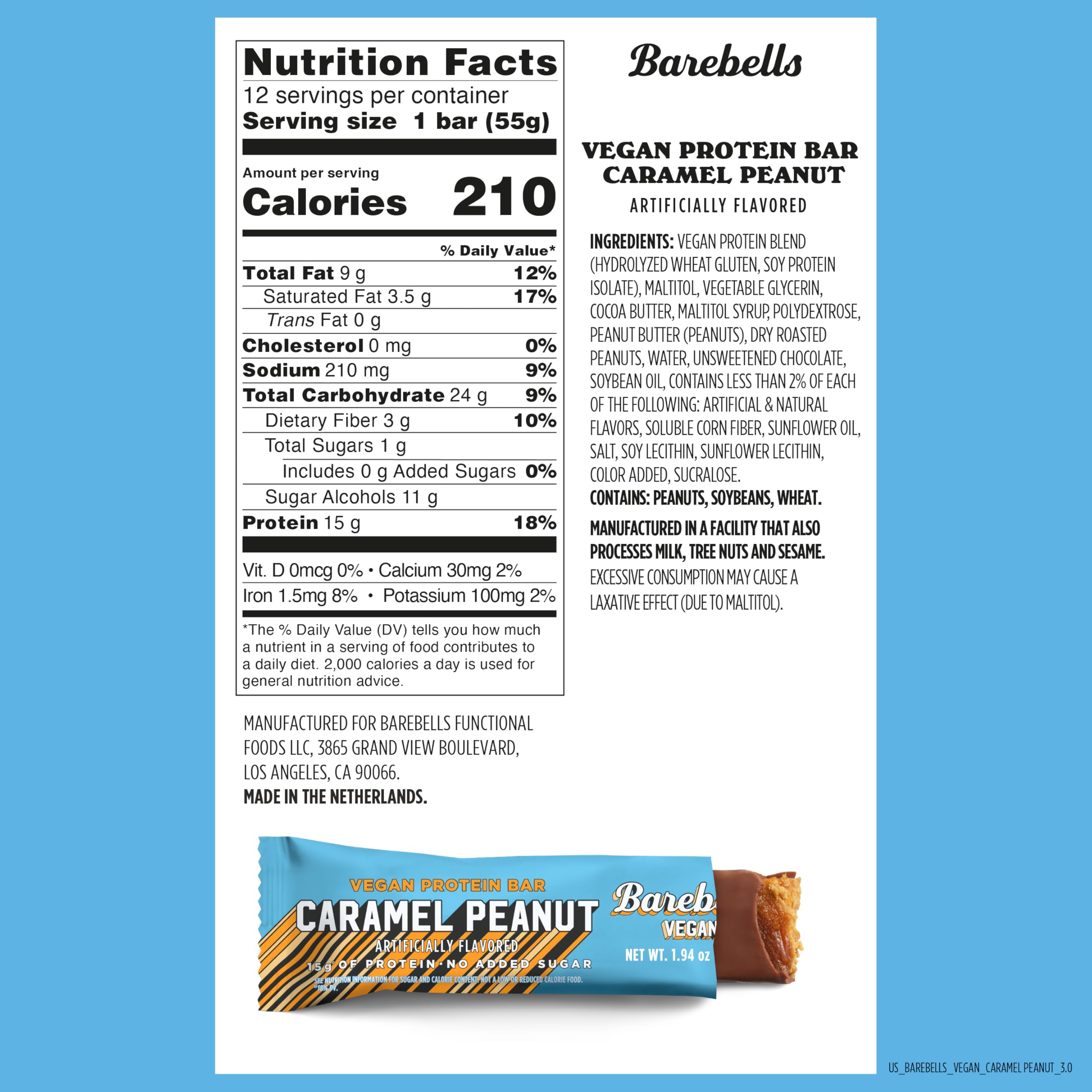 Barebells vegan peanut caramel bar cross-section reveals peanuts and caramel texture.