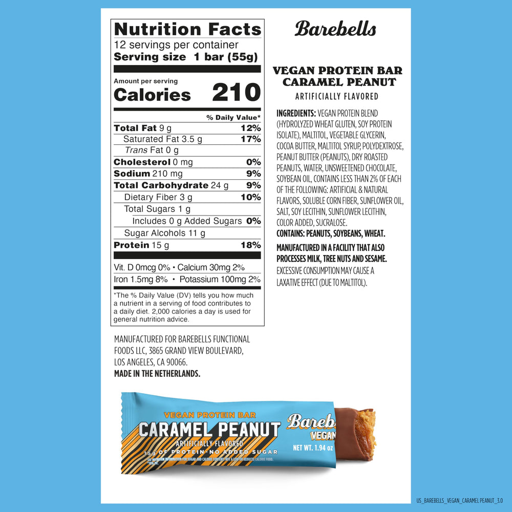 Barebells vegan peanut caramel bar cross-section reveals peanuts and caramel texture.