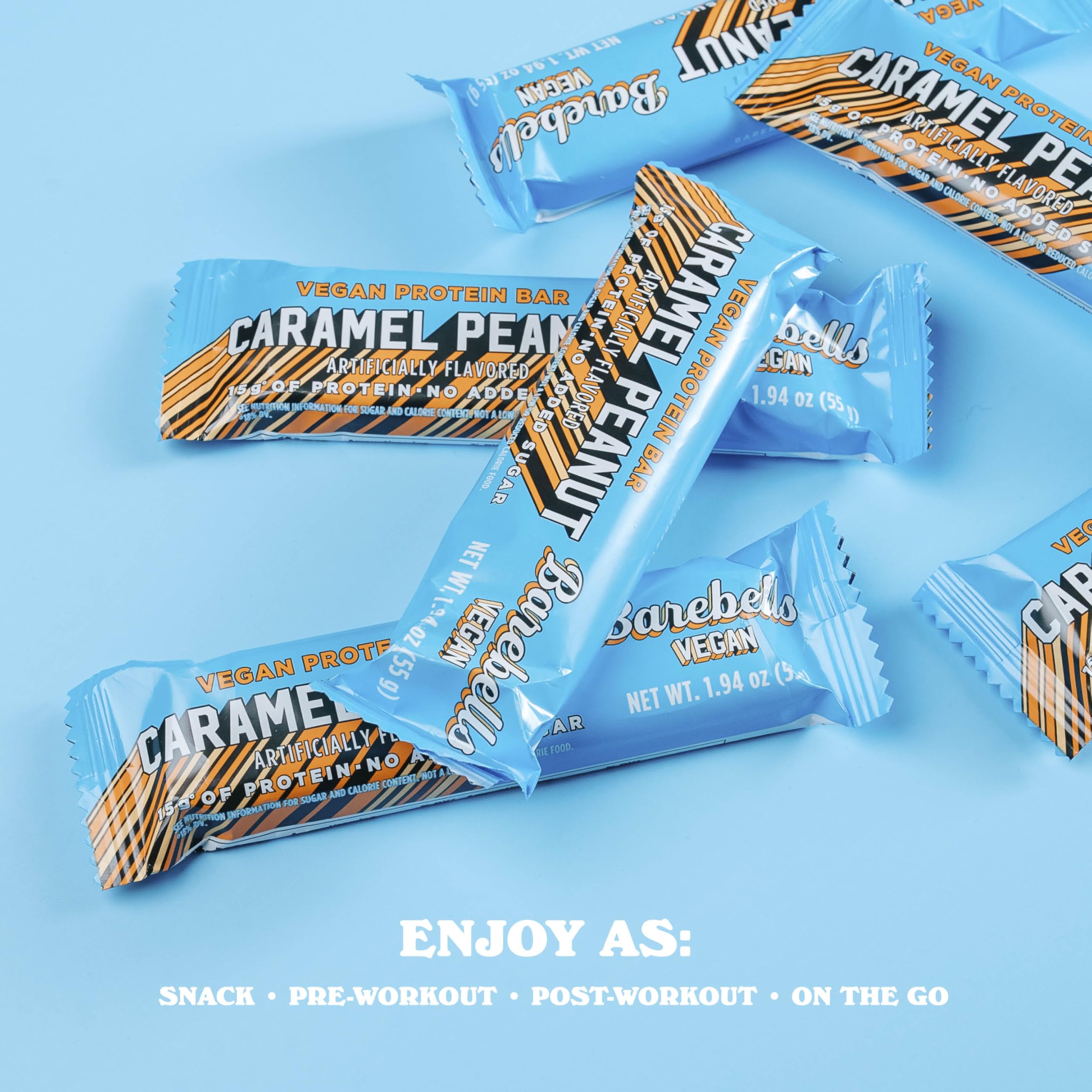 Barebells vegan peanut caramel bar on-the-go with bag and coffee.
