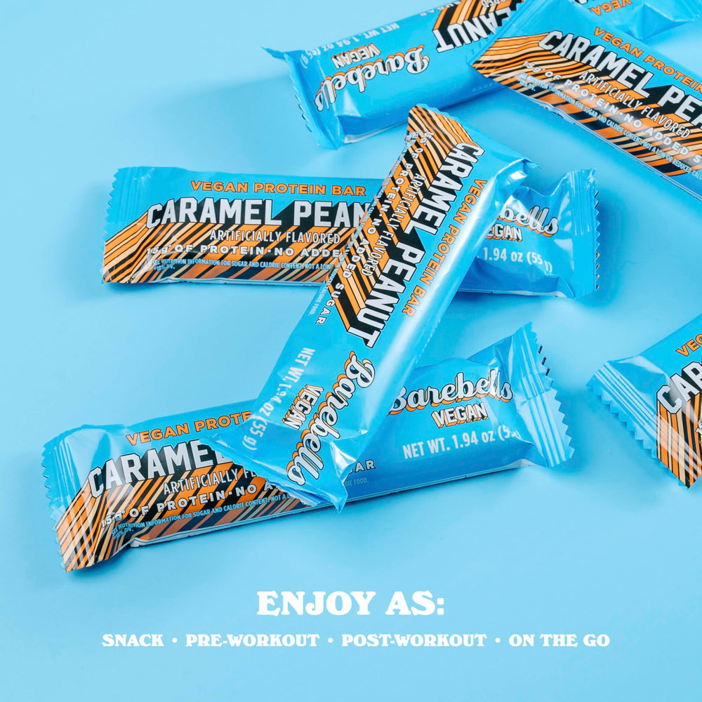 Barebells vegan peanut caramel bar on-the-go with bag and coffee.