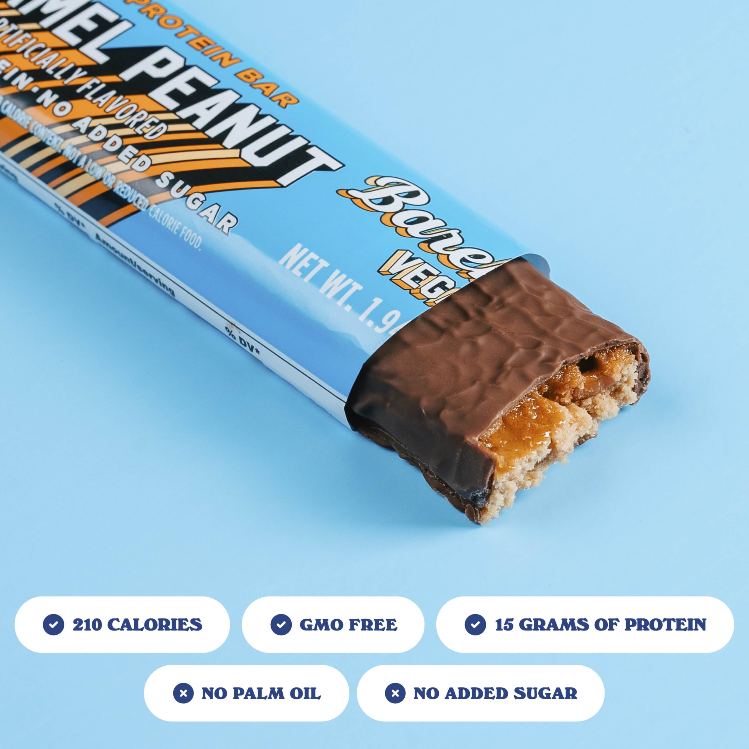 Barebells vegan peanut caramel bar packaging—12-bar box for convenient snacking.