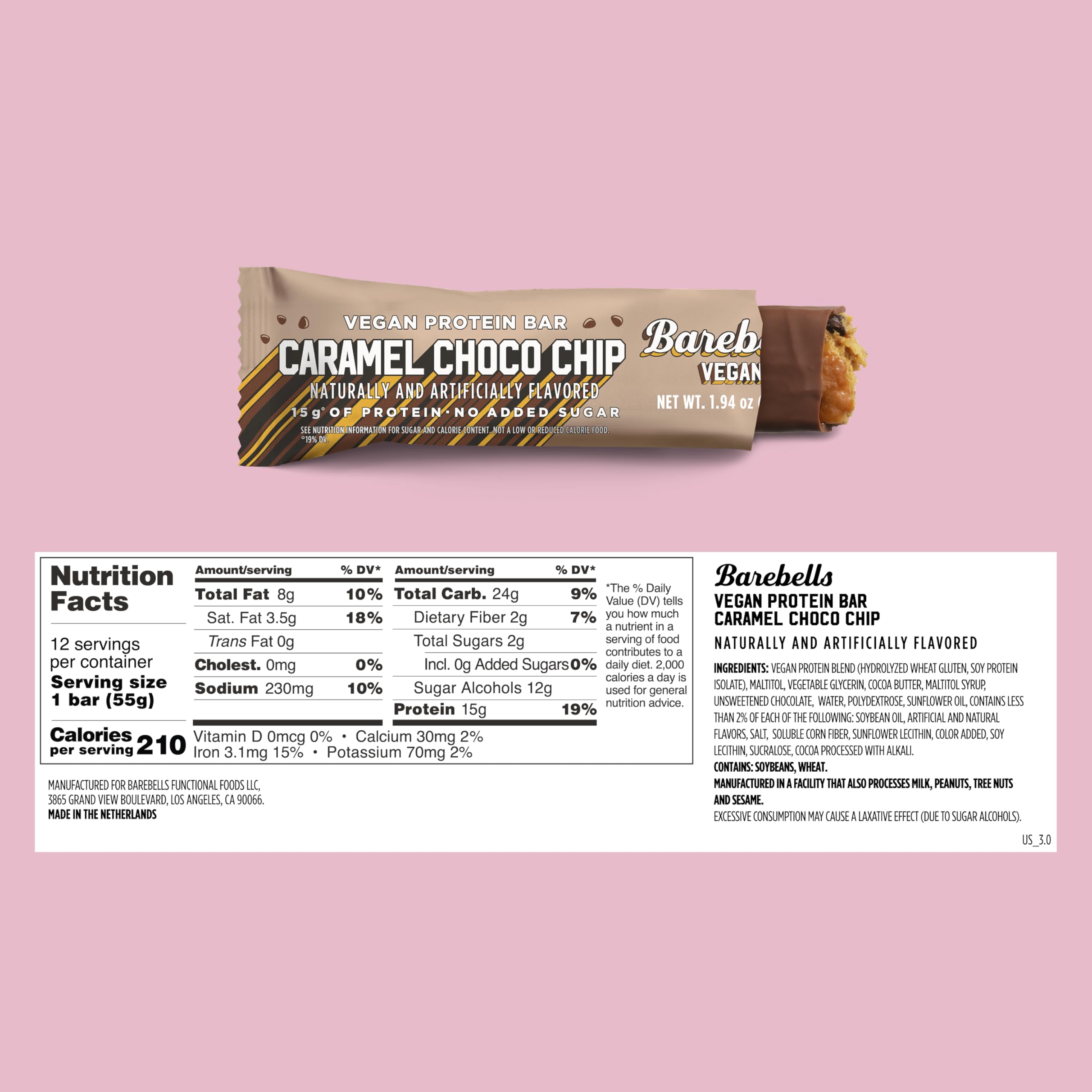 Barebells vegan protein bar caramel choco chip bar closeup highlighting indulgent texture.