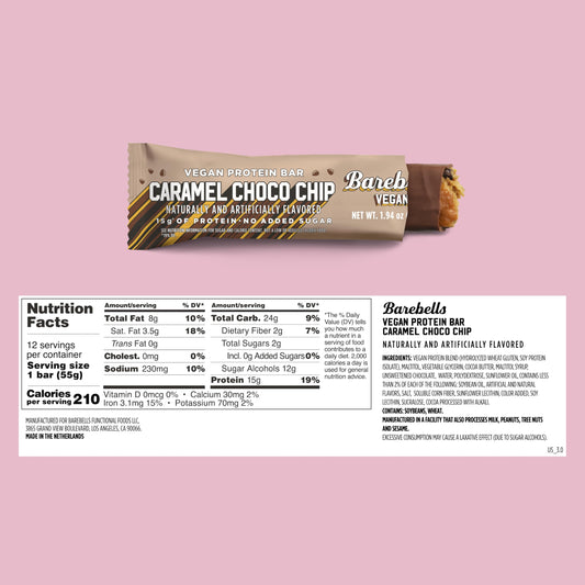 Barebells vegan protein bar caramel choco chip bar closeup highlighting indulgent texture.