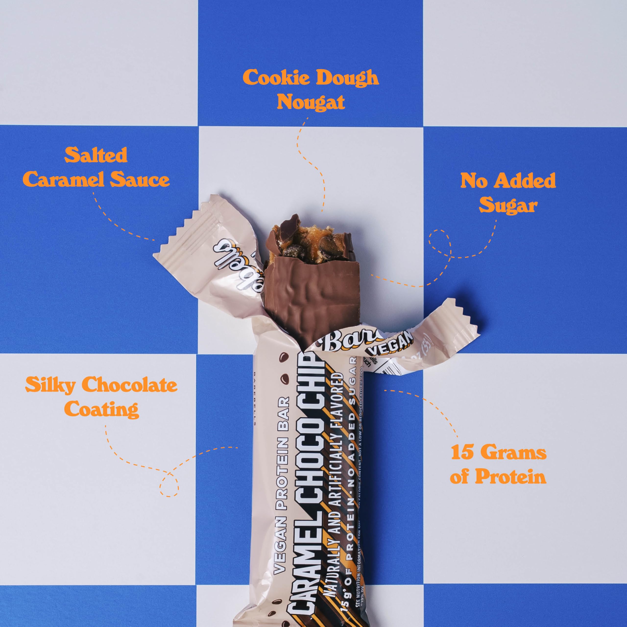 Barebells vegan protein bar caramel choco chip cross-section showing caramel center and chips.