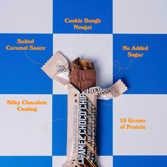 Barebells vegan protein bar caramel choco chip cross-section showing caramel center and chips.