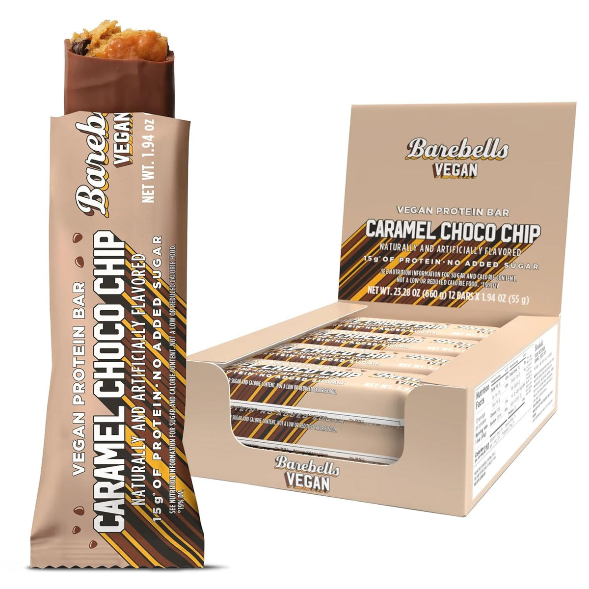 Barebells vegan protein bar caramel choco chip pack for convenient, high-protein snacking.