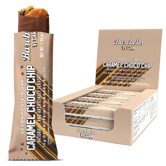 Barebells vegan protein bar caramel choco chip pack for convenient, high-protein snacking.