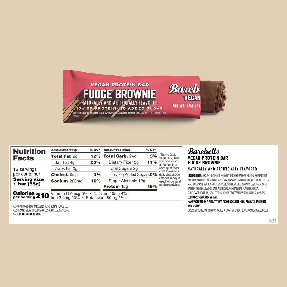 Barebells vegan protein bar Fudge Brownie close-up showing chocolatey texture.