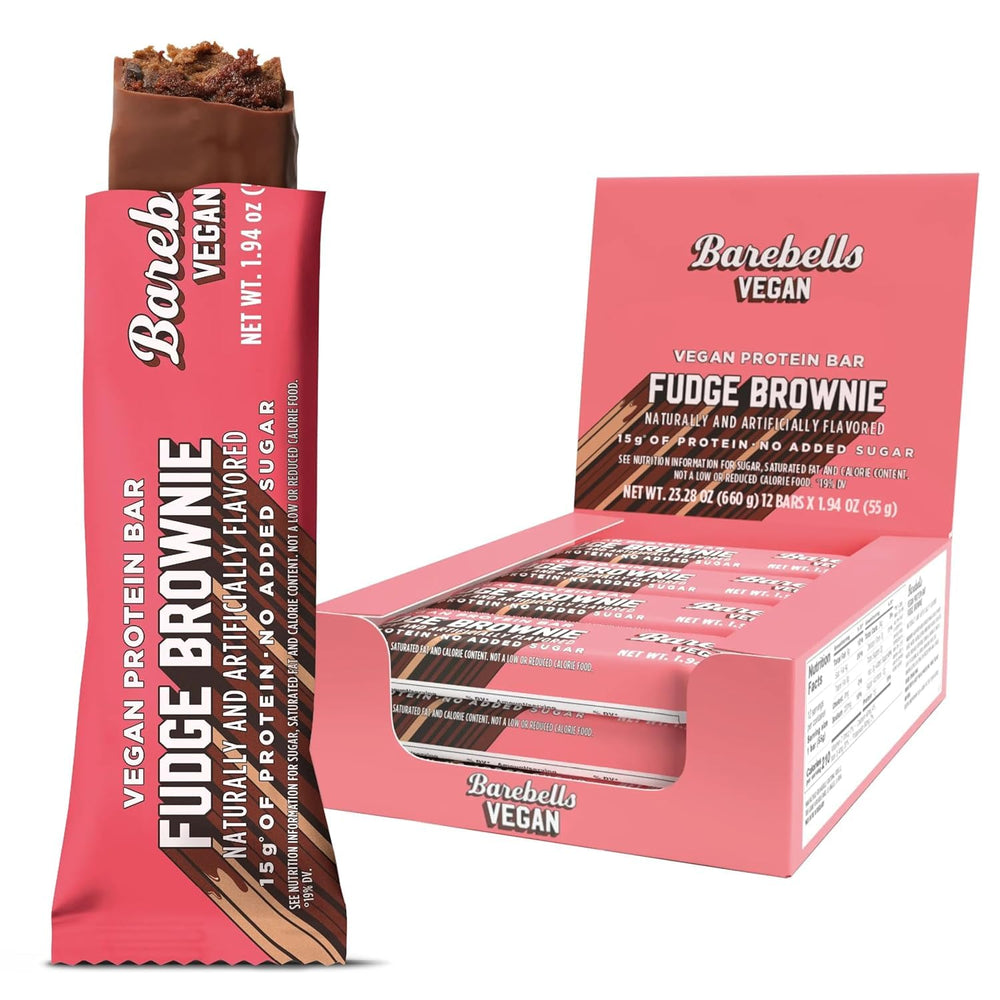 Barebells vegan protein bar Fudge Brownie pack shot, 15g protein per bar.