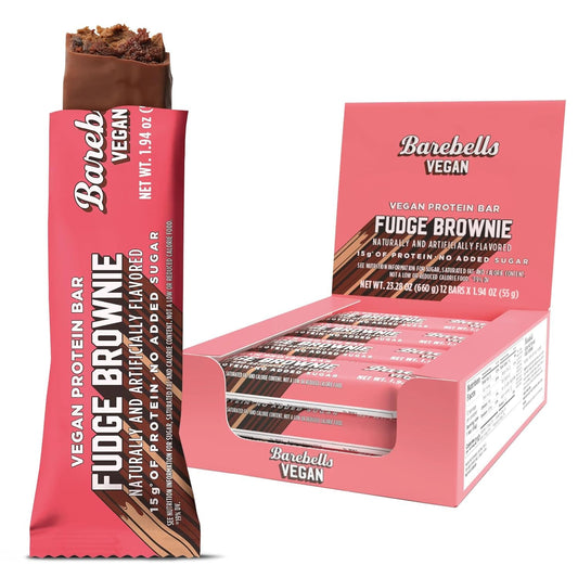 Barebells vegan protein bar Fudge Brownie pack shot, 15g protein per bar.