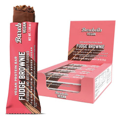 Barebells vegan protein bar Fudge Brownie pack shot, 15g protein per bar.