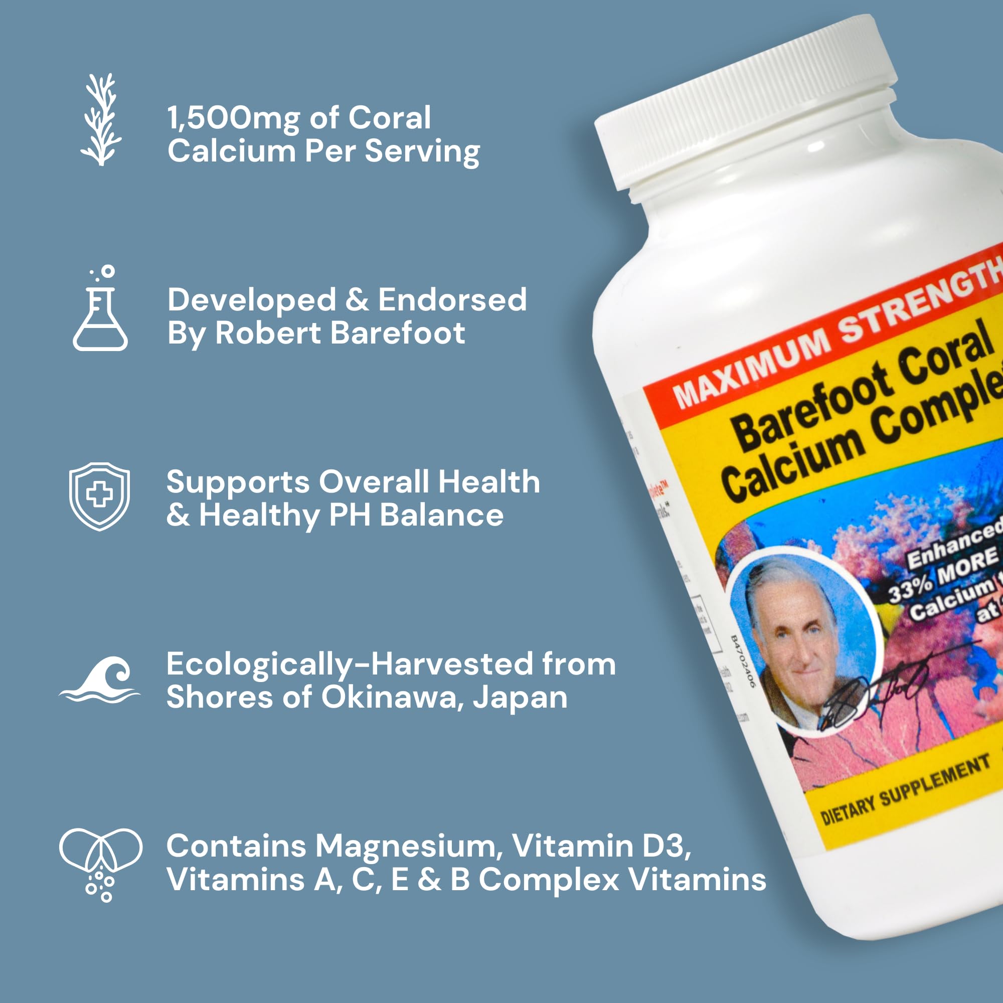Barefoot Coral Calcium Complete bottle on shelf conveys natural pH balance support.