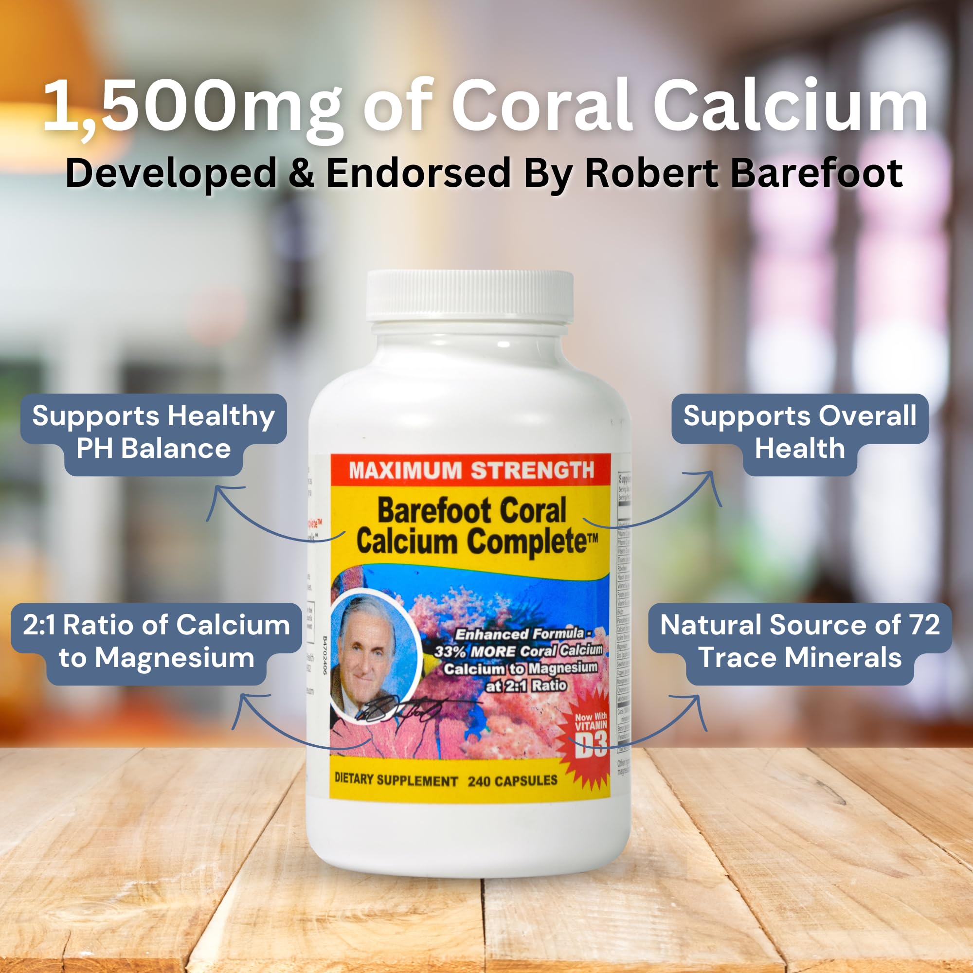 Barefoot Coral Calcium Complete label close-up highlights 2:1 calcium to magnesium ratio.
