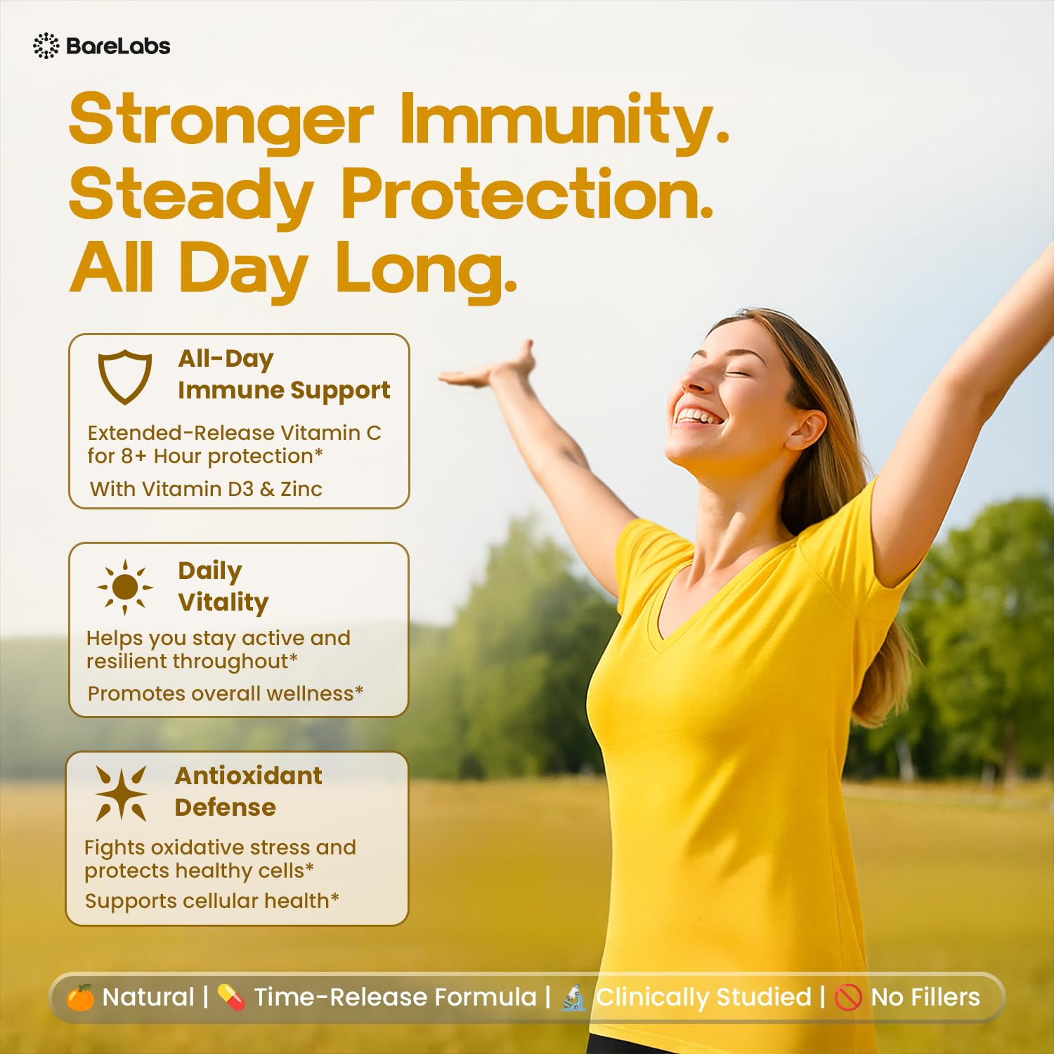 BareLabs Super C capsules close-up highlighting time-release vitamin C for steady daily support.