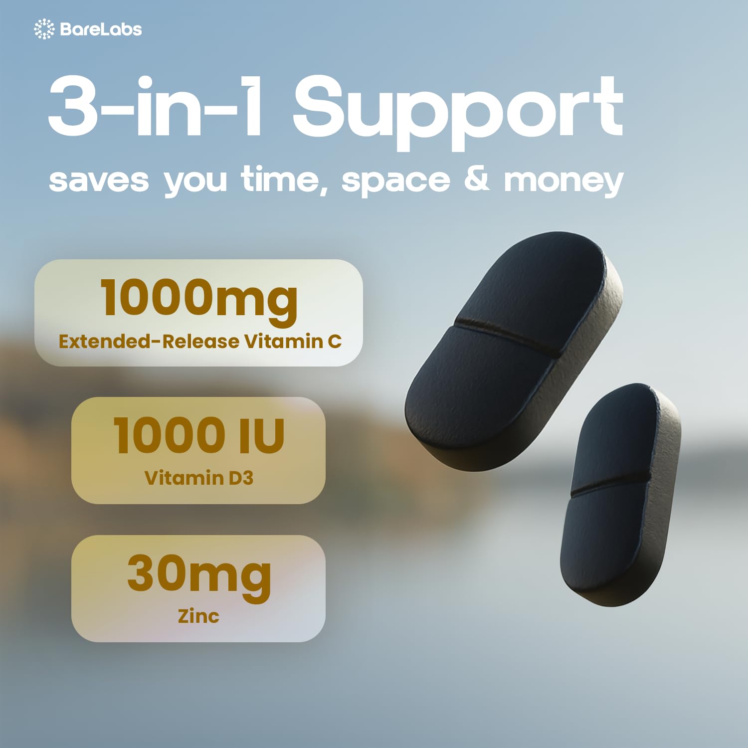 BareLabs Vitamin D3 Zinc tablets pack shows essential nutrients for daily wellness.