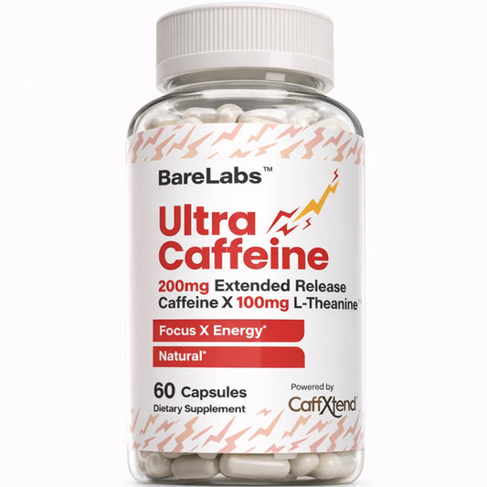 BareLabs extended-release caffeine pills bottle front for steady all-day energy.