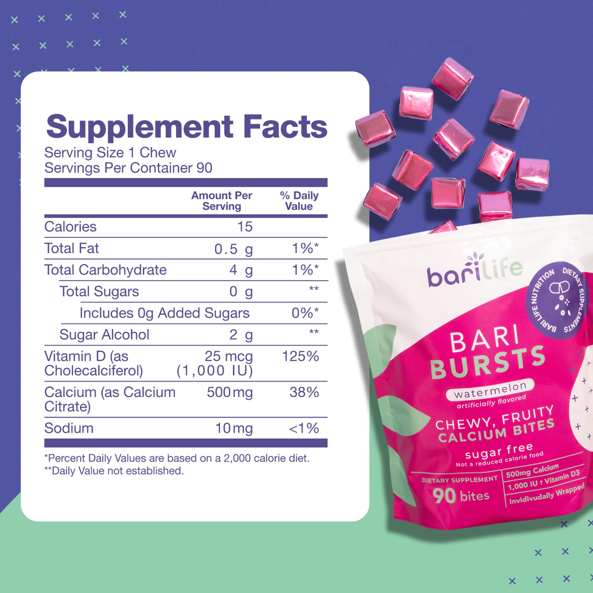 Close-up of Bari Burst Watermelon chew texture with candy-like appearance