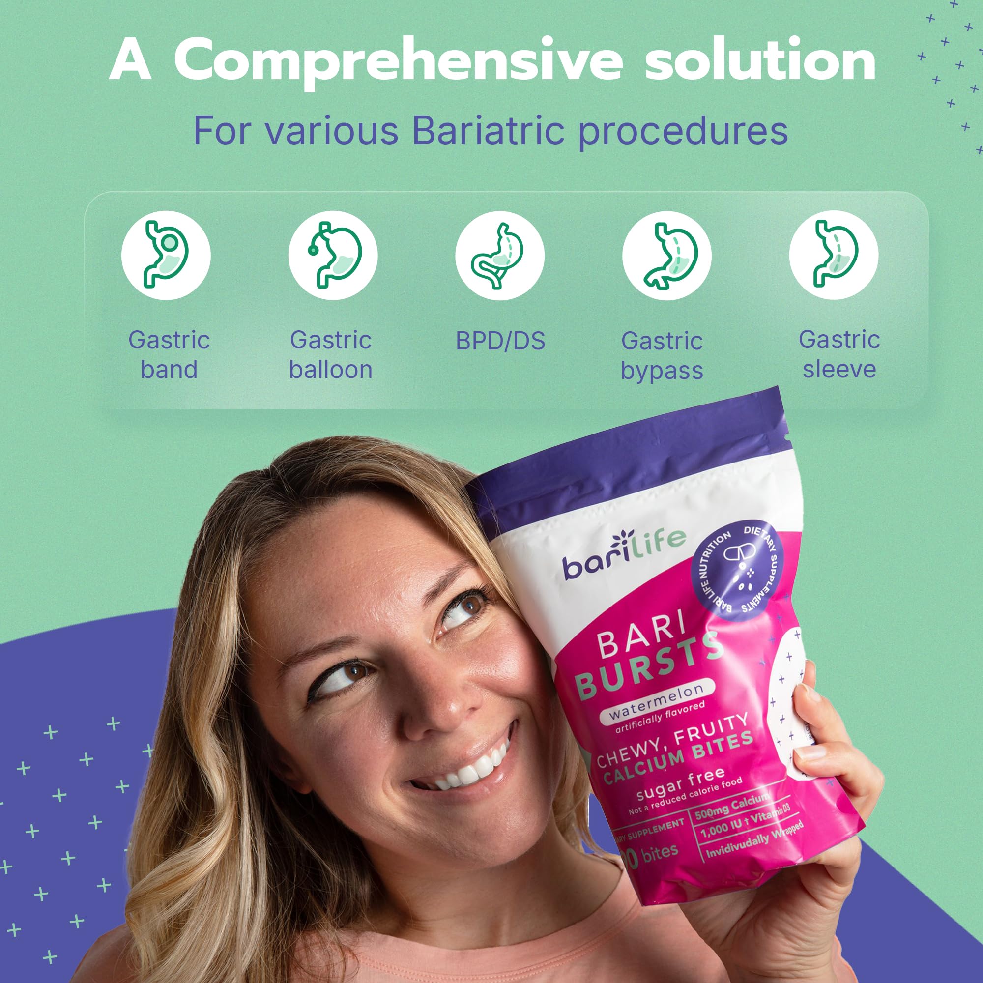 BariBurst bottle label view with 500 mg calcium per chew and 1000 IU D3