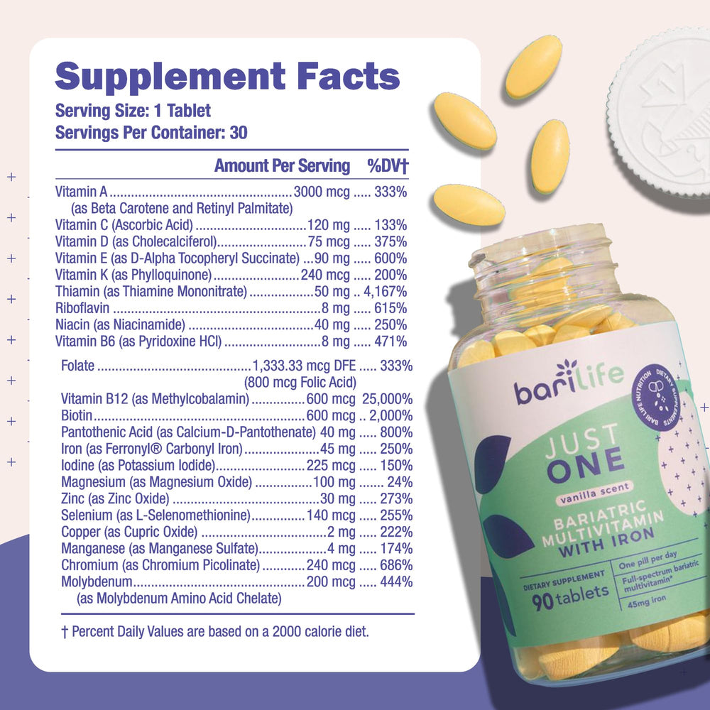 Illustration of 22 vitamins and minerals in Just One for comprehensive support.