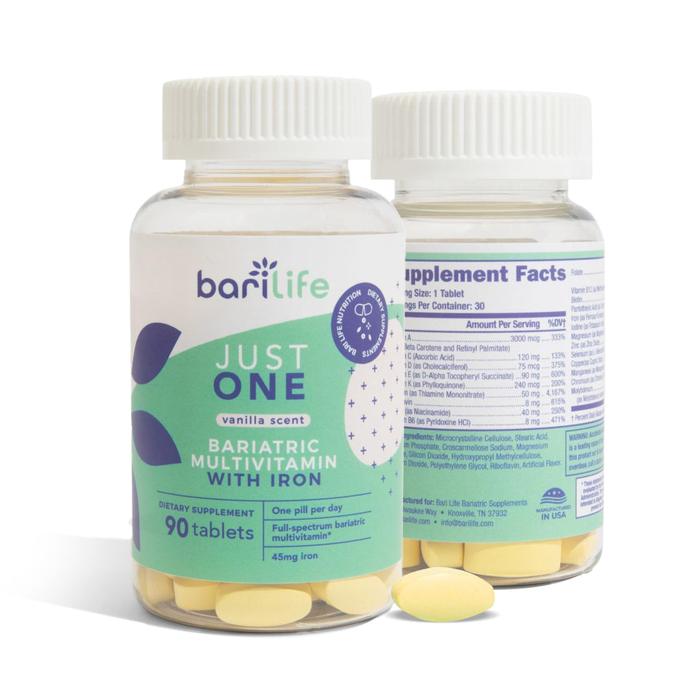 Just One iron caplet provides 45 mg iron for post-surgery nutrition.