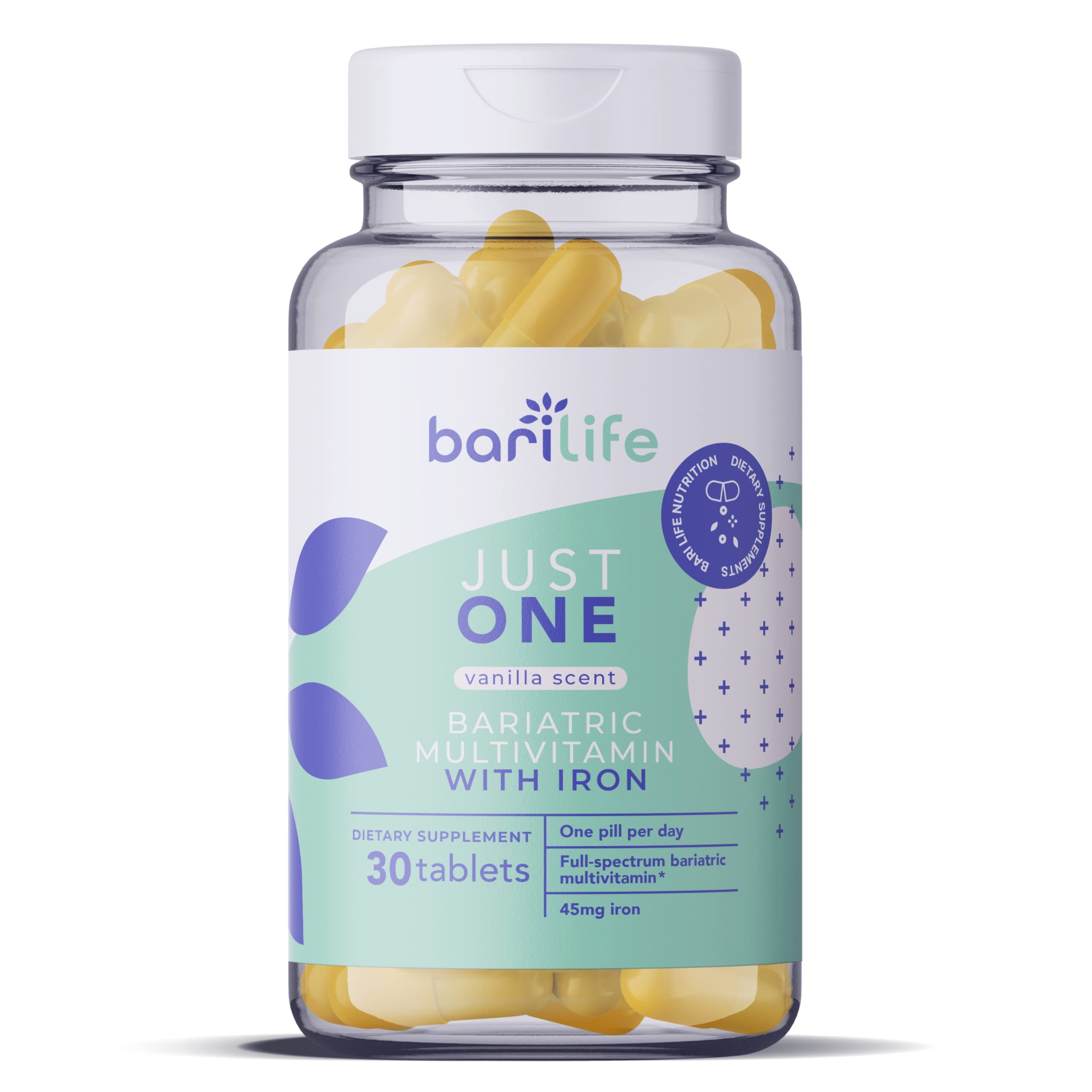 Bari Life Just One bottle displaying complete one-daily multivitamin for post-bariatric support.