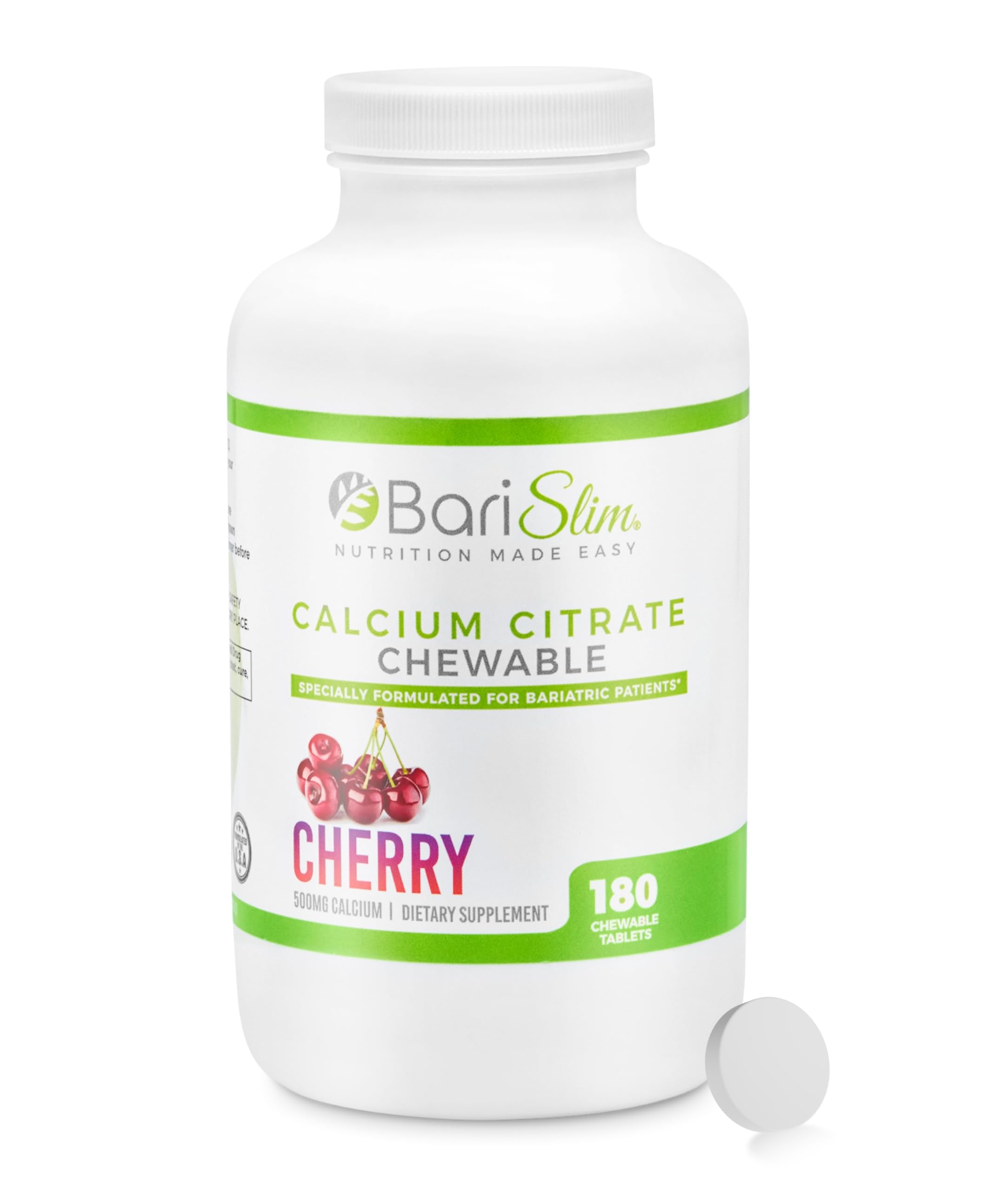 BariSlim bariatric calcium citrate bottle front highlighting 500mg calcium support for bone health.