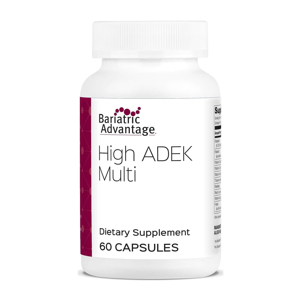 Bariatric Advantage ADEK multivitamin bottle label highlighting essential nutrients for post-surgery