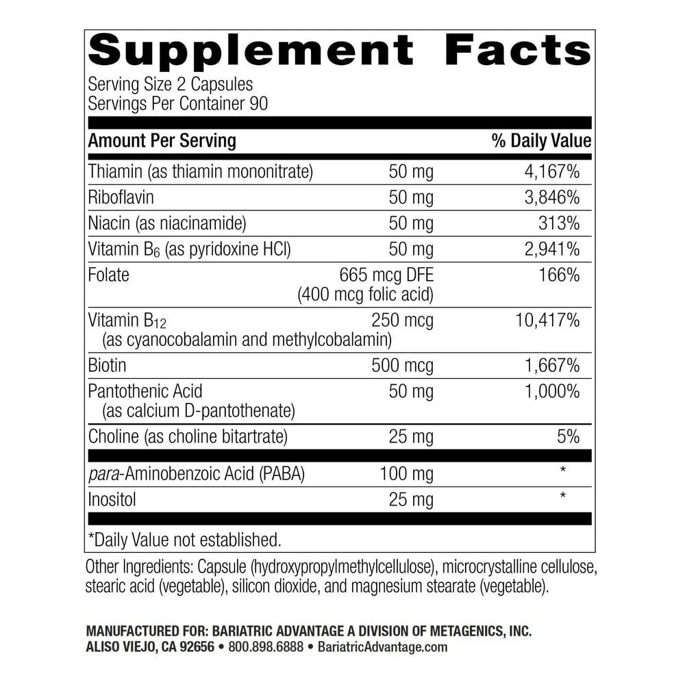 Bariatric Advantage B50 mini capsules close-up, activated vitamins for better absorption.