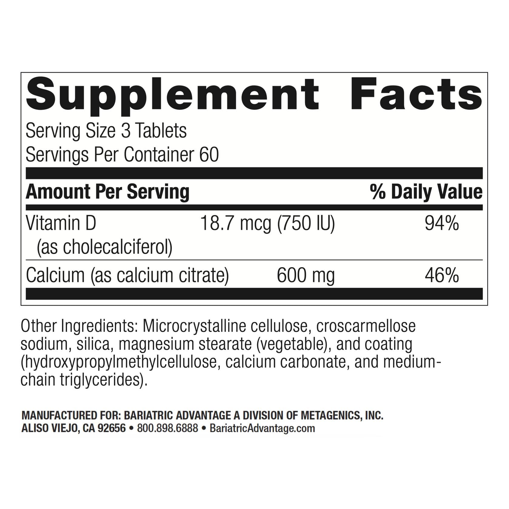 Bariatric Advantage bottle containing 180 calcium citrate tablets for daily use