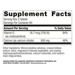 Bariatric Advantage bottle containing 180 calcium citrate tablets for daily use