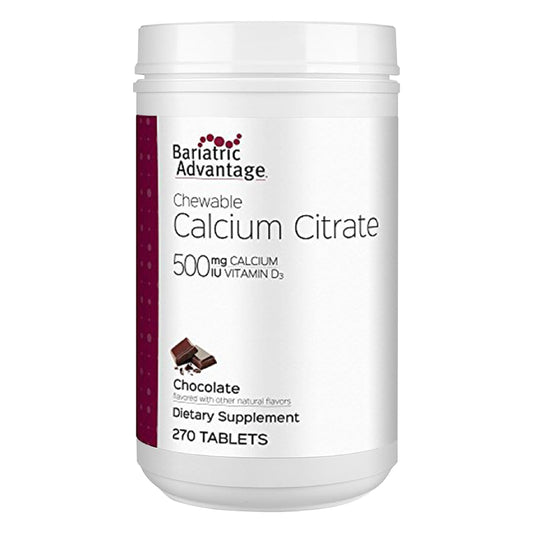 Bariatric Advantage calcium citrate chewable 500mg bottle shown for easy daily bone support.