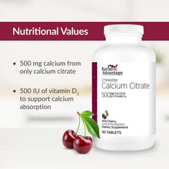 Bariatric Advantage 500mg calcium citrate nutrition facts panel view.