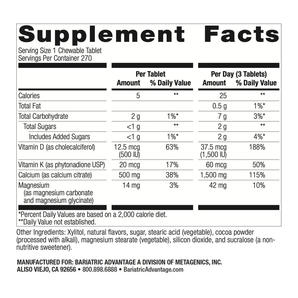 Bariatric Advantage calcium citrate chewable with vitamin D3 supports absorption.