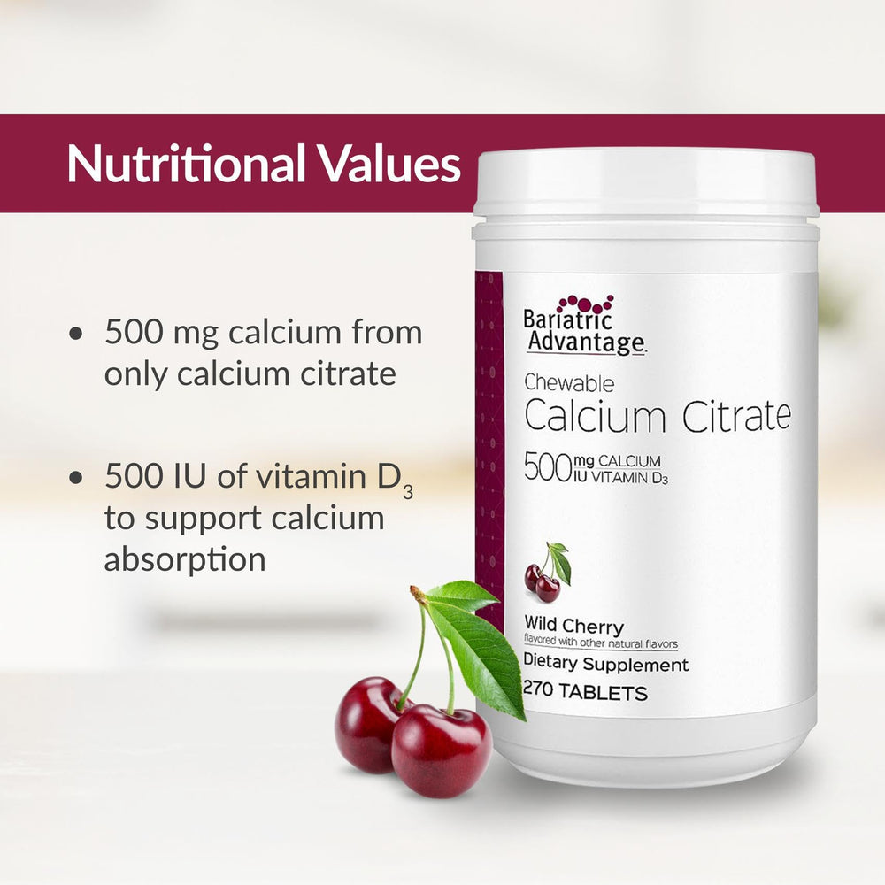 Front-pack image of Bariatric Advantage calcium citrate chewables with wild cherry flavor.