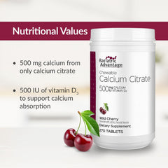 Front-pack image of Bariatric Advantage calcium citrate chewables with wild cherry flavor.