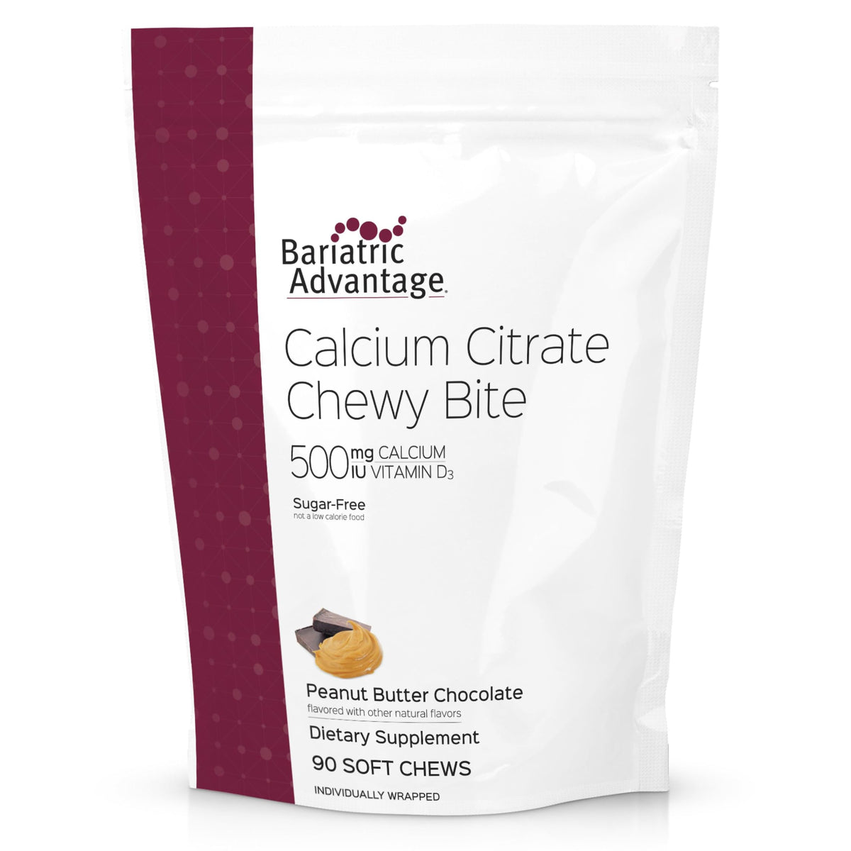 Bariatric Advantage calcium citrate chewy bites packaging, sugar-free and ready to take.