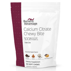 Bariatric Advantage Calcium Citrate Chewy Bites packaging highlights sugar-free, on-the-go calcium.