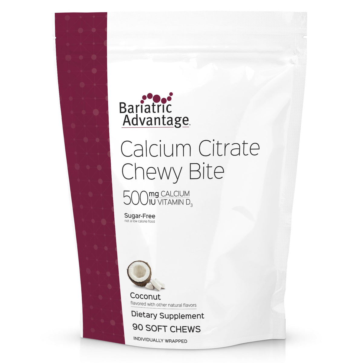 Bariatric Advantage Calcium Citrate Chewy Bites bottle view highlighting easy-to-chew calcium