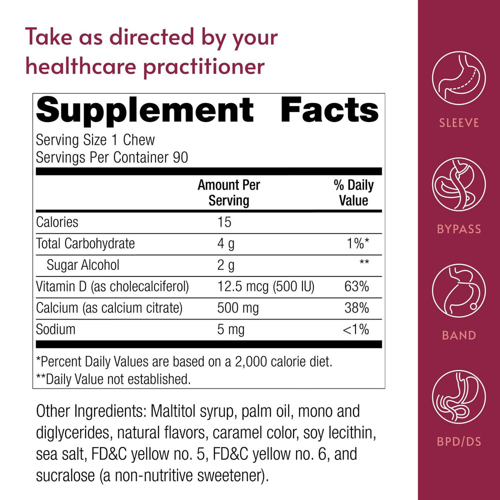 Bariatric Advantage Calcium Citrate Chewy Bites caramel flavor highlighted for tasty, sugar-free chewable calcium