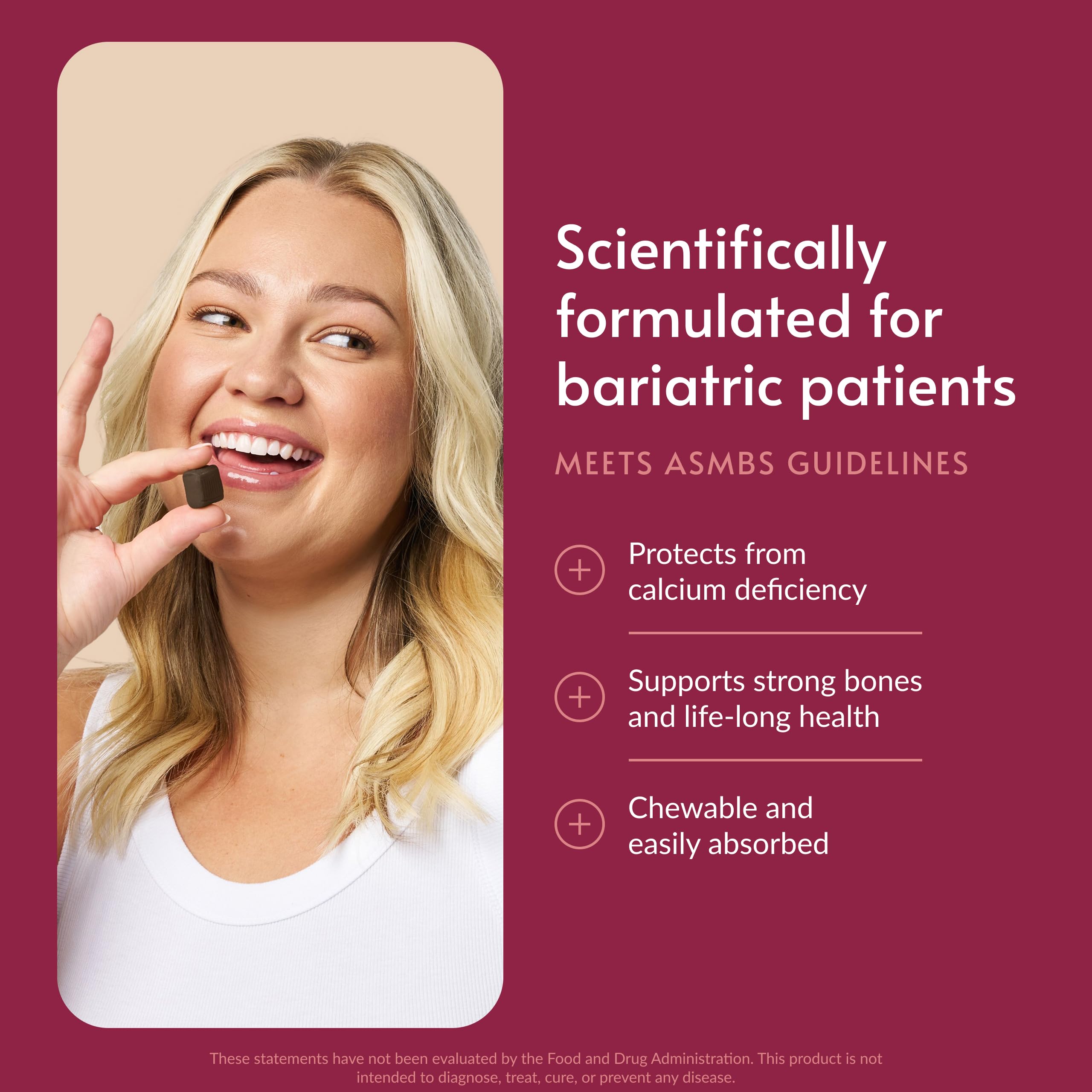 Bariatric Advantage calcium citrate chews closeup showing dosage panel and vitamin D3
